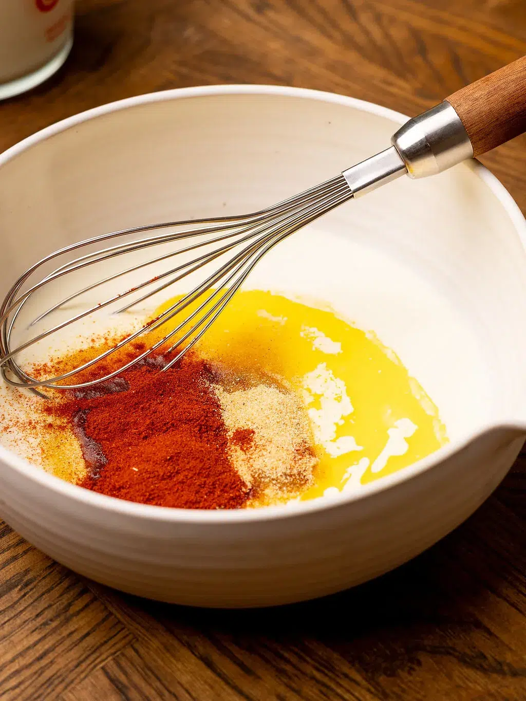 Whisking seasoning in a small bowl.