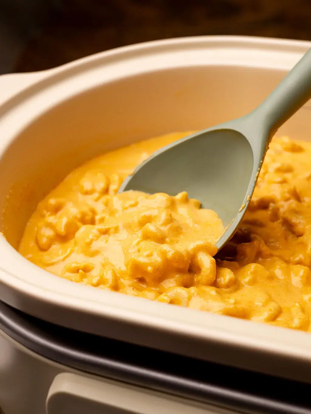 A spoon scooping mac and cheese out of a slow cooker.
