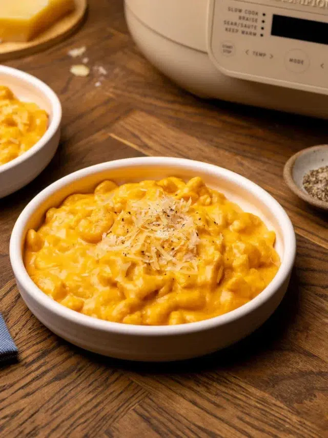 Two bowls of mac and cheese beside a slow cooker.