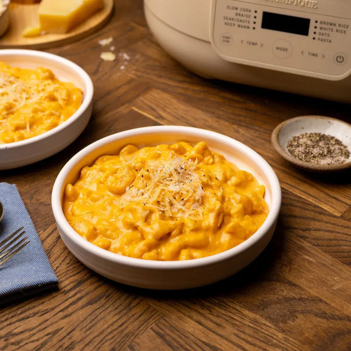 Two bowls of mac and cheese beside a slow cooker.