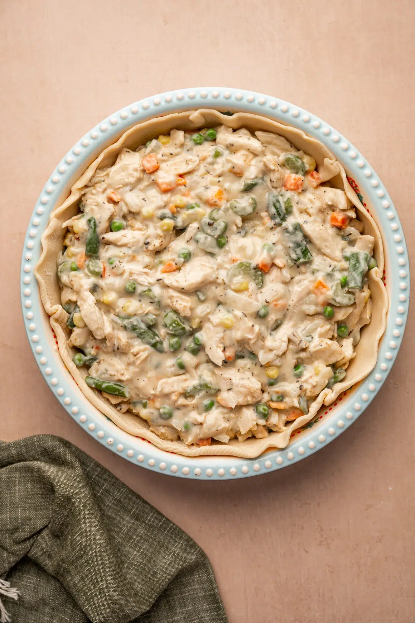 Creamy turkey and veggie pie filling before adding the pie crust topping.