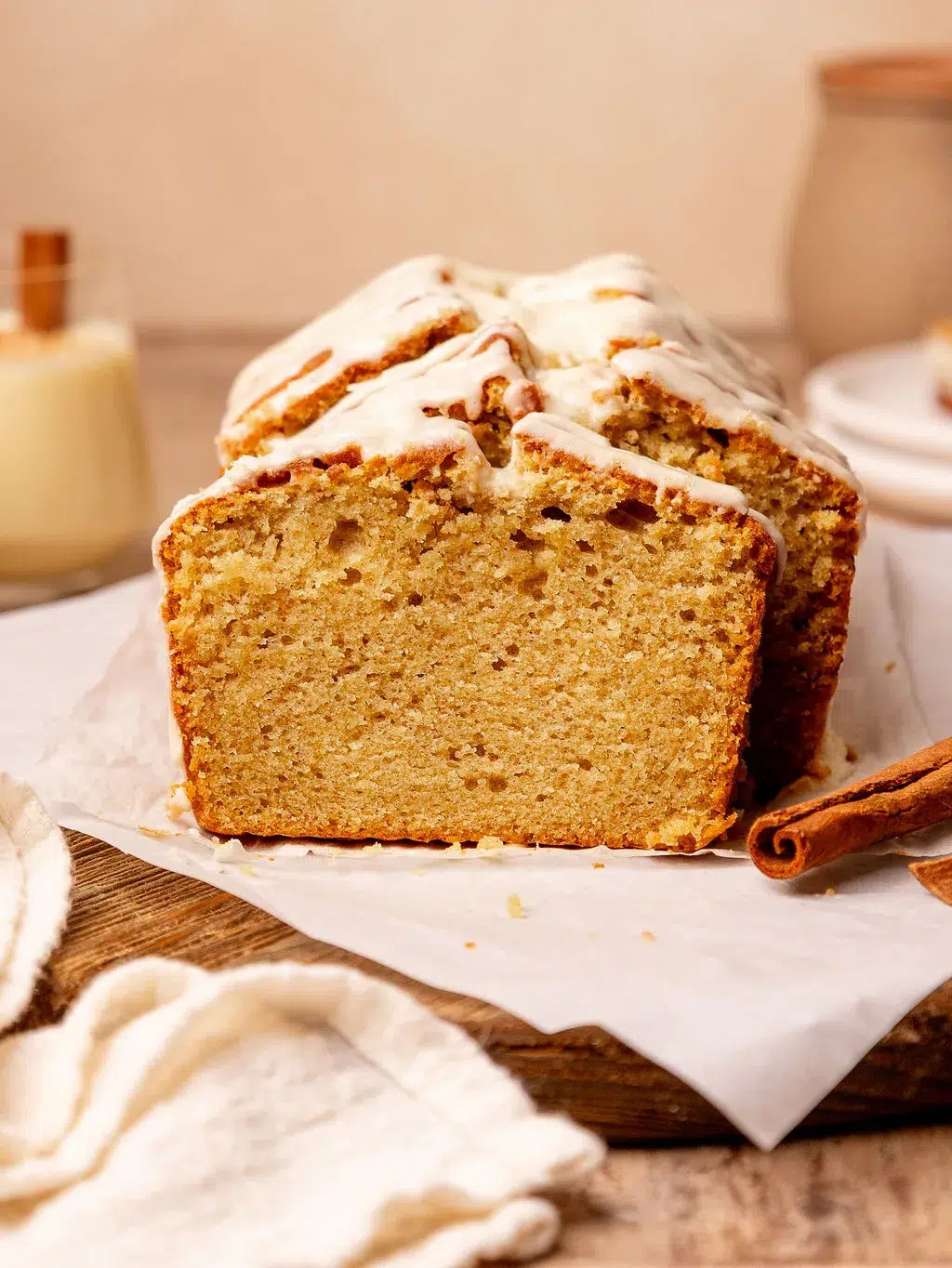 Eggnog bread with icing.