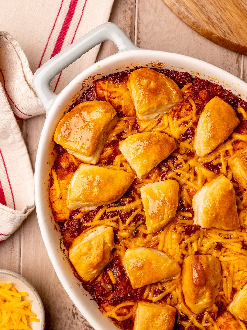 Sloppy joe biscuit bake in a casserole dish.