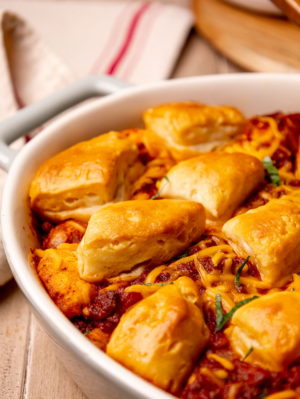 Close-up of sloppy joe biscuit bake.