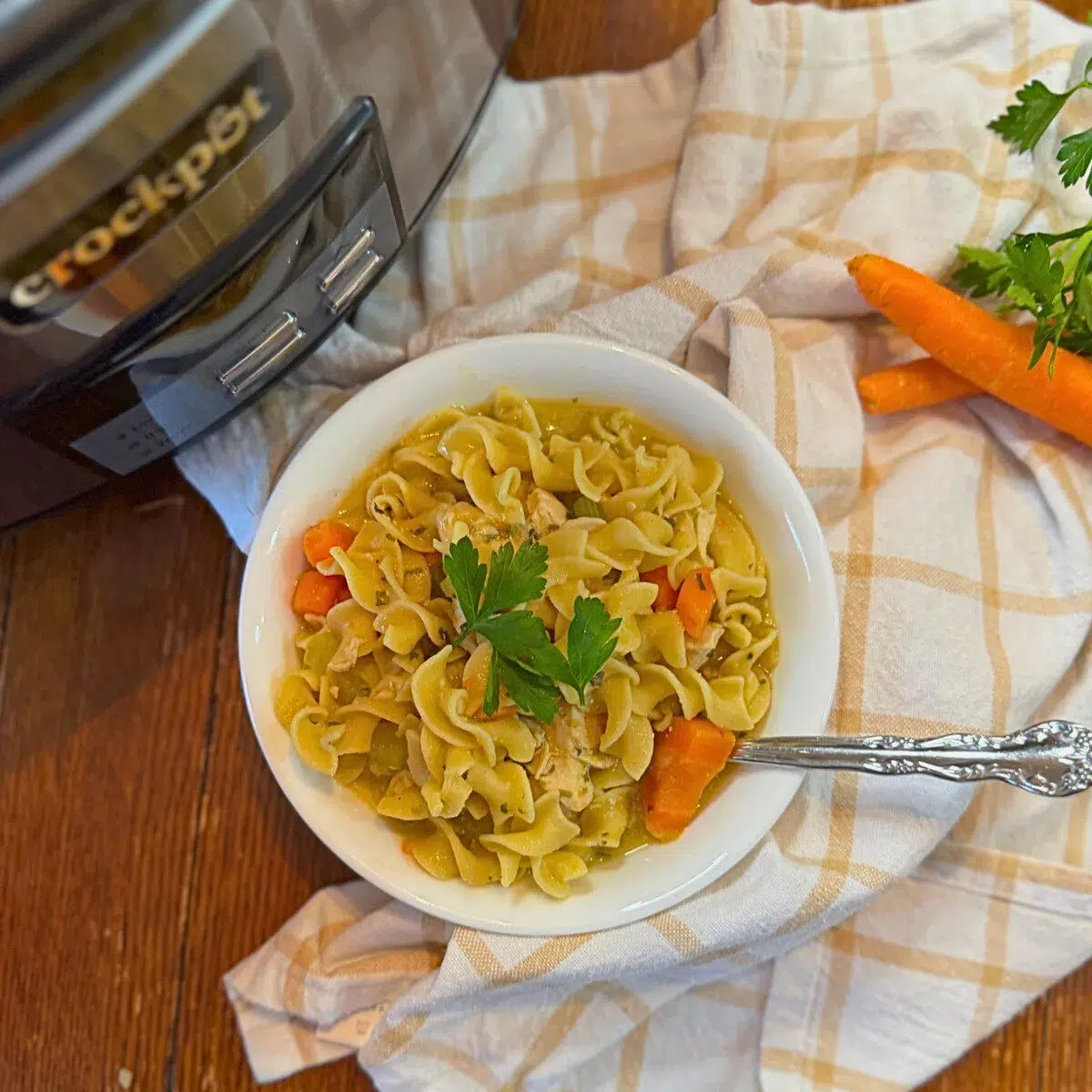 A bowl of chicken noodle soup next to a slow cooker.