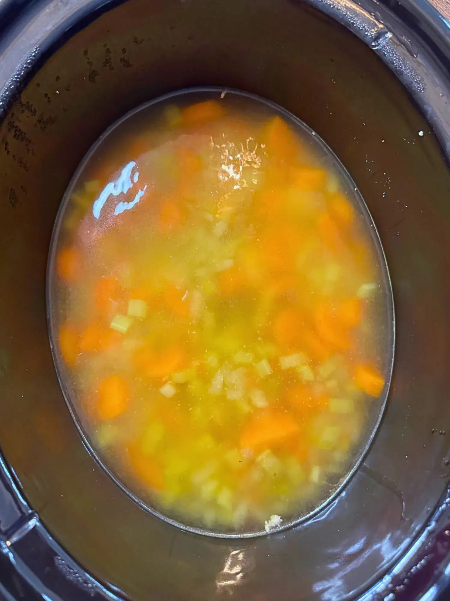 Chicken broth, onions, carrots, and celery in a slow cooker.