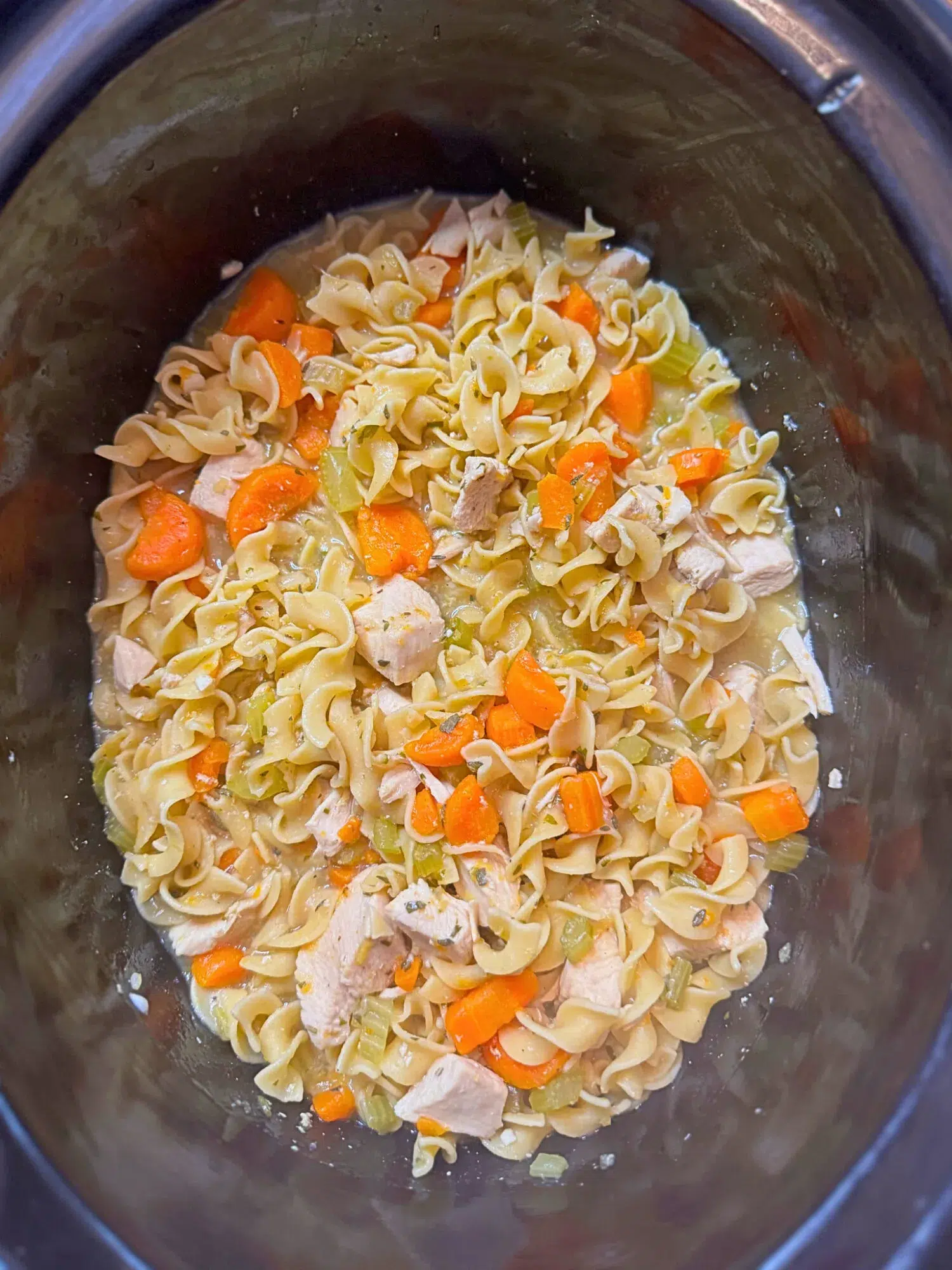 Chicken noodle soup in a slow cooker, ready to eat.