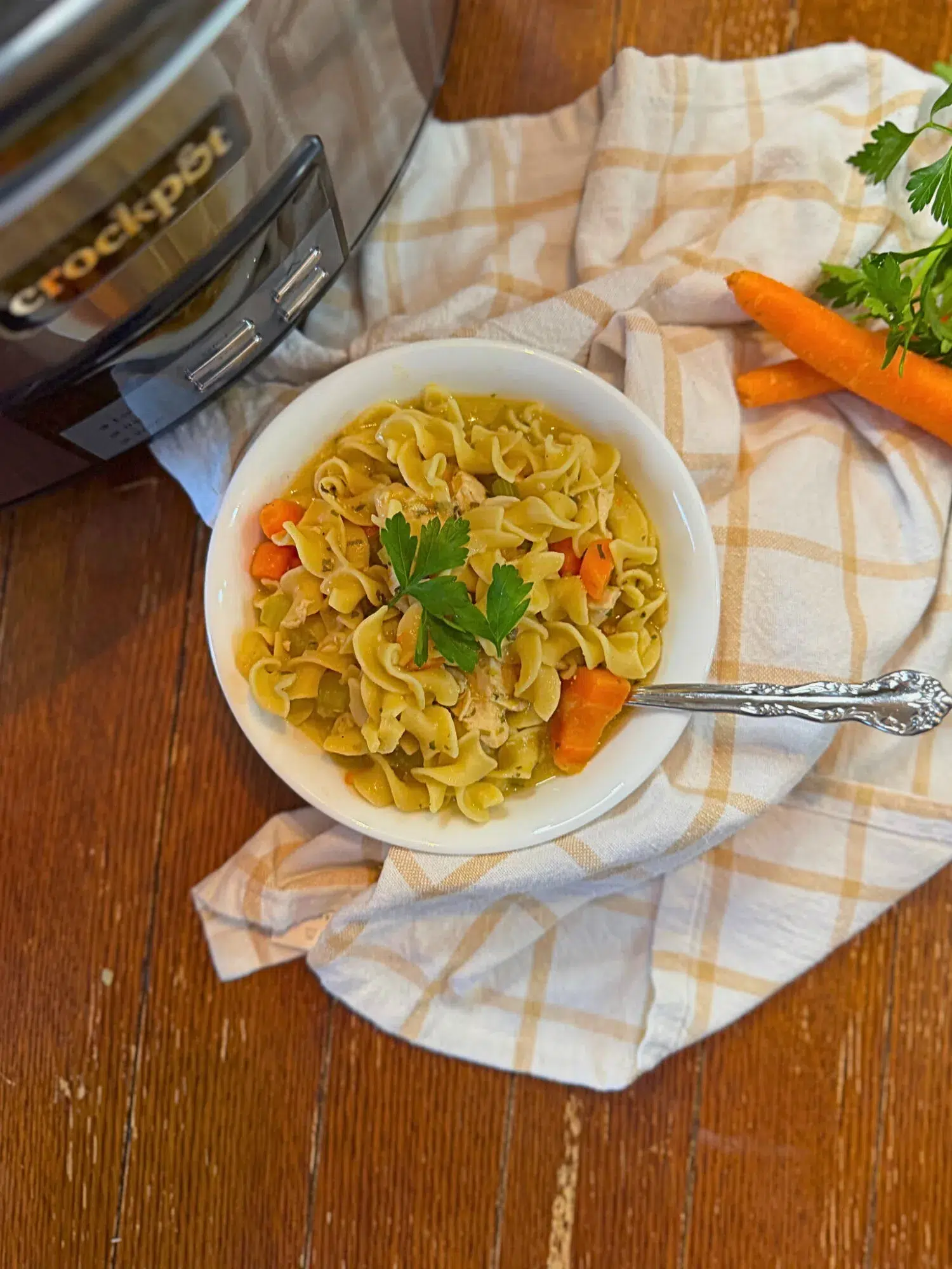 A bowl of chicken noodle soup next to a slow cooker.