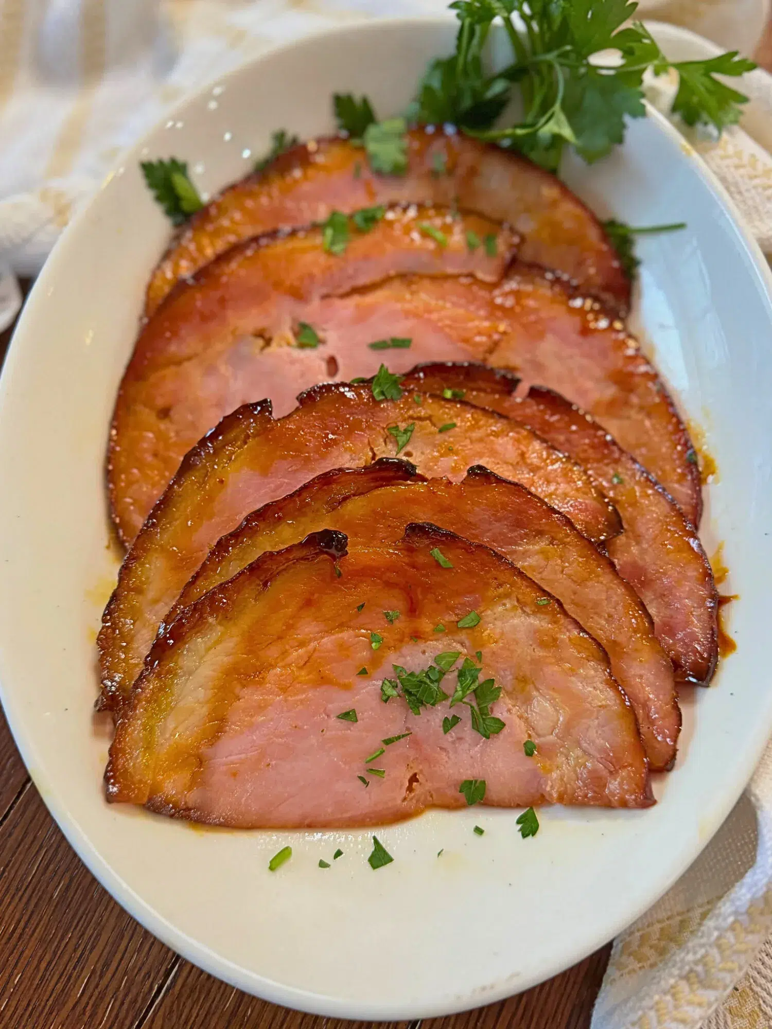 Sliced slow cooker honey glazed ham.