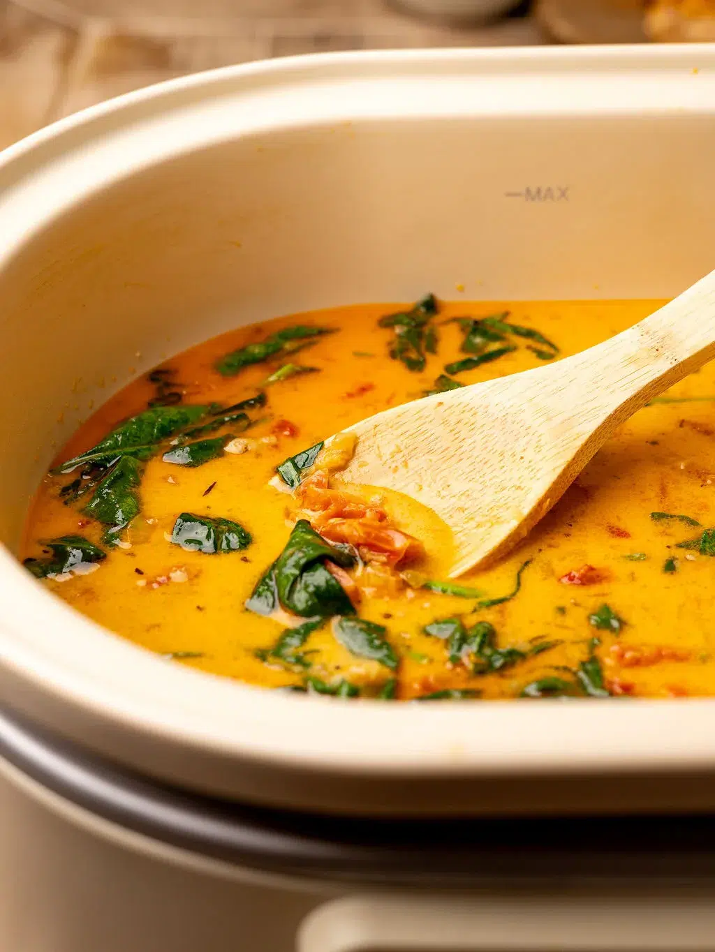 Creamy Tuscan sauce in a slow cooker.