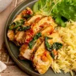 Close-up of slow cooker Tuscan pork tenderloin on a plate with a side of rice and greens.