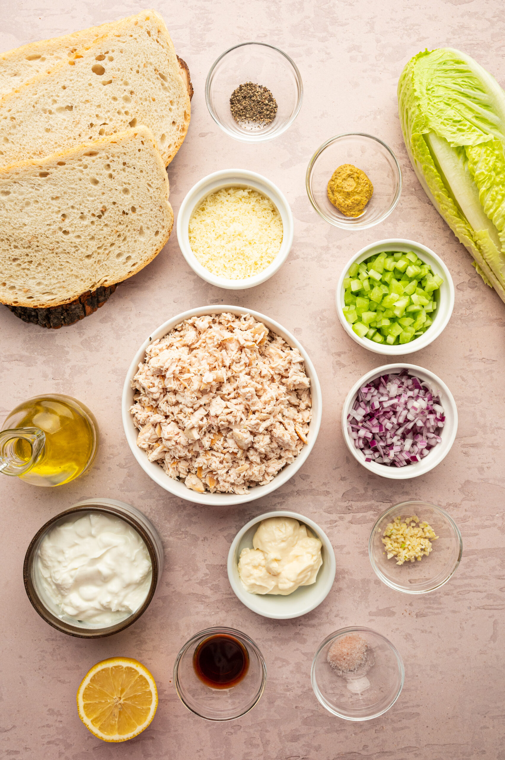 Ingredients for healthy Caesar chicken salad.
