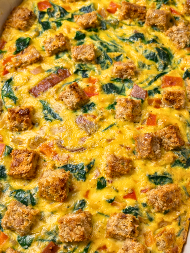 Close-up of healthy breakfast casserole in a baking dish.