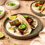 Two pork belly tacos on a plate with toppings.