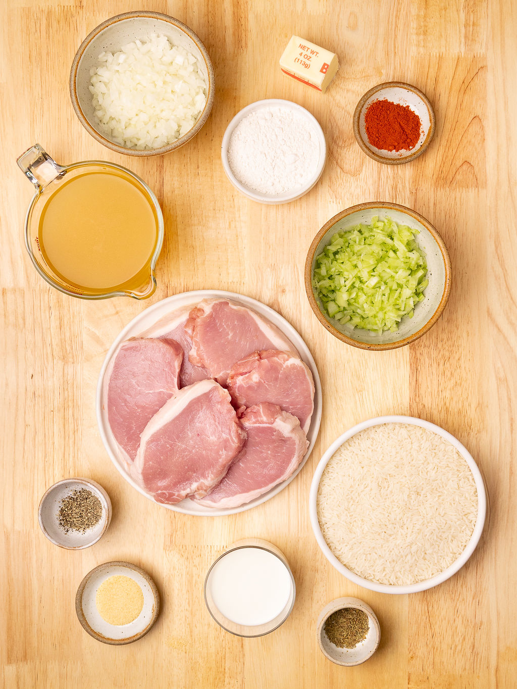 Ingredients for pork chop and rice casserole.