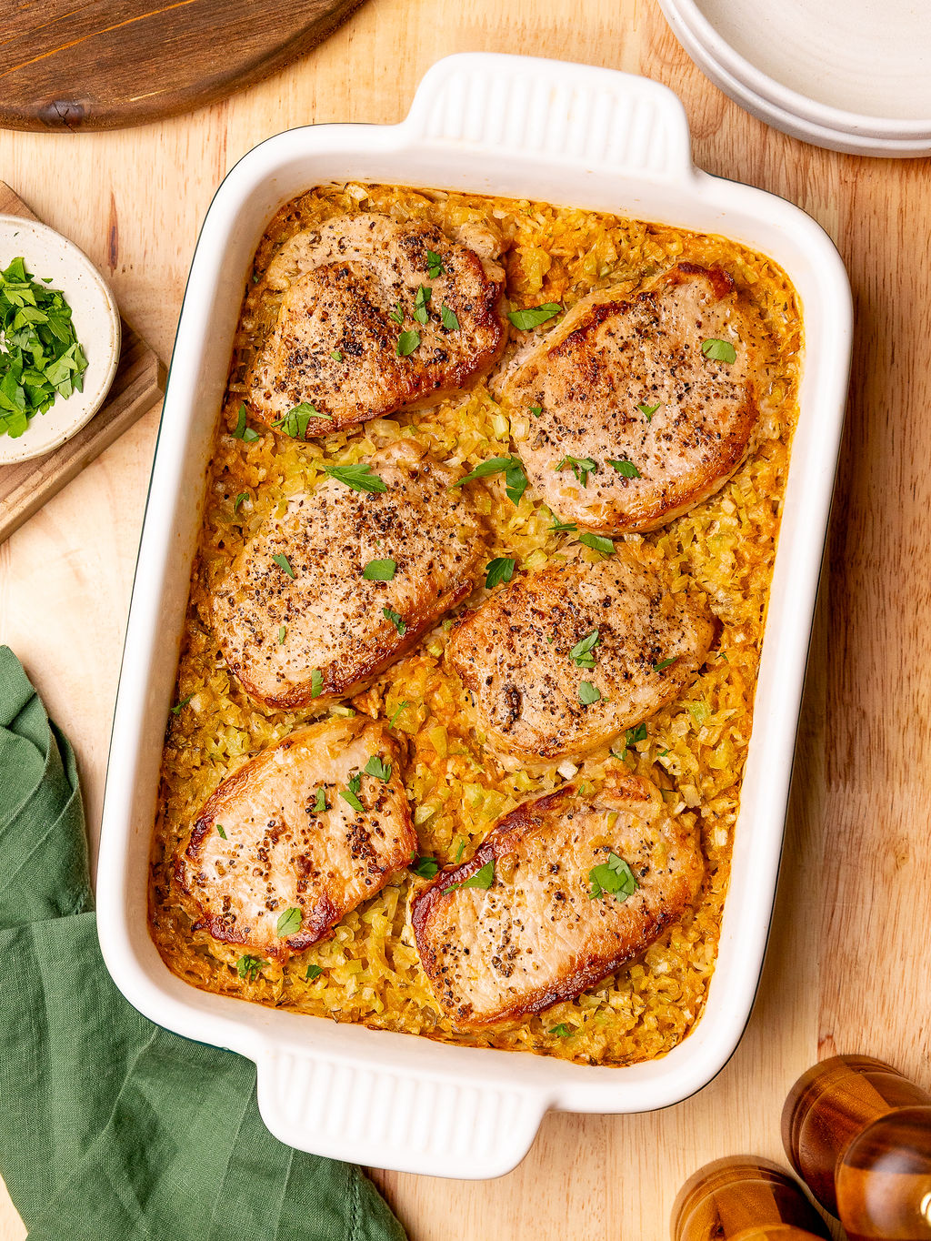 Pork chop and rice casserole fresh out of the oven.