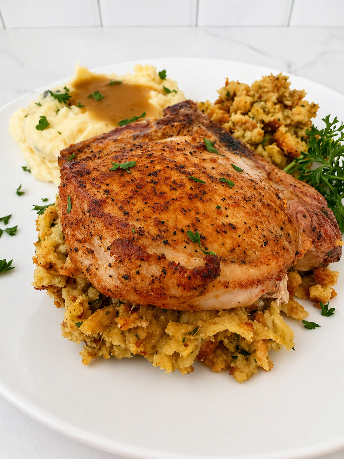 Stuffed pork chop served with mashed potatoes and additional stuffing.